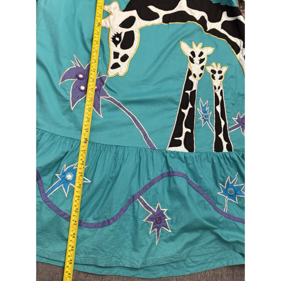 Vintage 70s Ramona Rule Dress, Giraffe Graphic Flowers One Size Teal - Picture 6 of 8